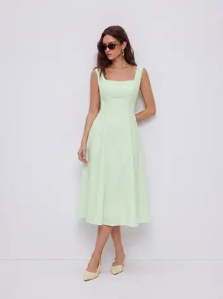 Cotton Square Neck Shirred Pocket A-line Midi Dress