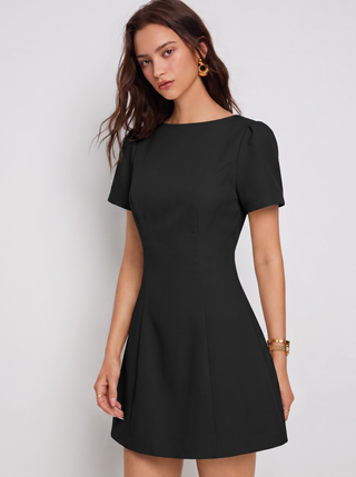 Round Neckline Puff Sleeve Mini Straight Dress