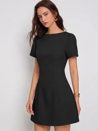 Round Neckline Puff Sleeve Mini Straight Dress