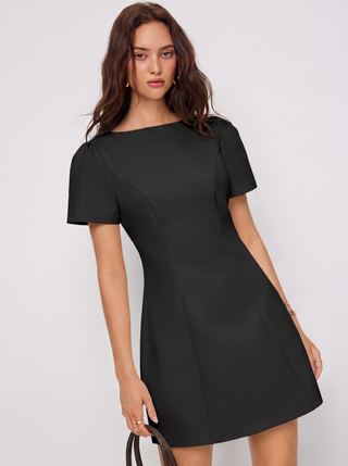 Round Neckline Puff Sleeve Mini Straight Dress