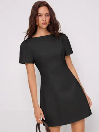 Round Neckline Puff Sleeve Mini Straight Dress