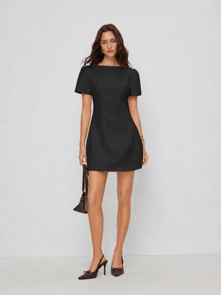 Round Neckline Puff Sleeve Mini Straight Dress
