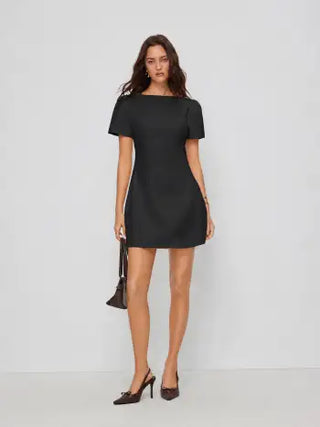 Round Neckline Puff Sleeve Mini Straight Dress
