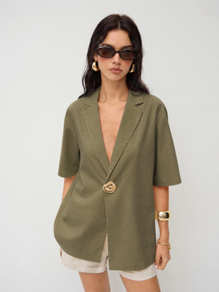 Linen-blend Collar Metal Button Oversized Blazer