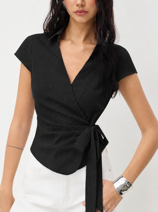 Cotton-blend Polo Neck Stripe Knotted Blouse