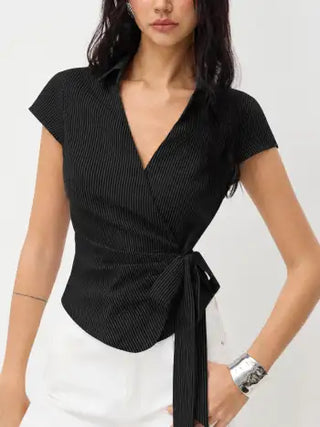 Cotton-blend Polo Neck Stripe Knotted Blouse