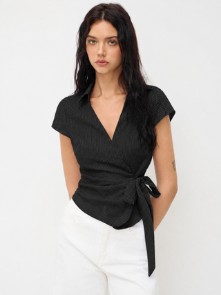 Cotton-blend Polo Neck Stripe Knotted Blouse