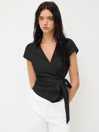Cotton-blend Polo Neck Stripe Knotted Blouse