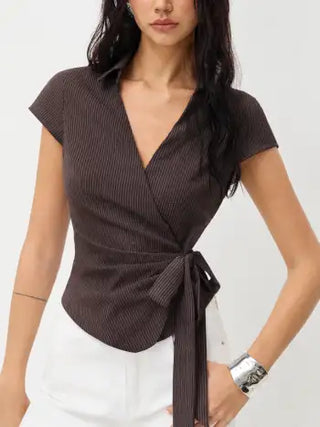 Cotton-blend Polo Neck Stripe Knotted Blouse