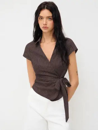 Cotton-blend Polo Neck Stripe Knotted Blouse