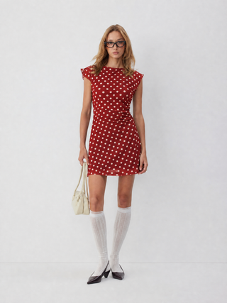 Mesh Polka Dot Short Sleeve Ruched A-line Mini Dress