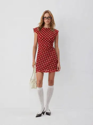 Mesh Polka Dot Short Sleeve Ruched A-line Mini Dress