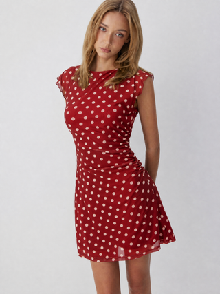 Mesh Polka Dot Short Sleeve Ruched A-line Mini Dress