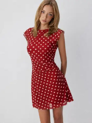 Mesh Polka Dot Short Sleeve Ruched A-line Mini Dress