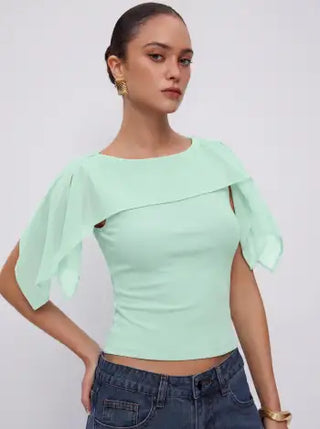 Boat Neck Draped Overlay Short Sleeve Top