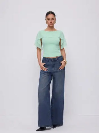 Boat Neck Draped Overlay Short Sleeve Top