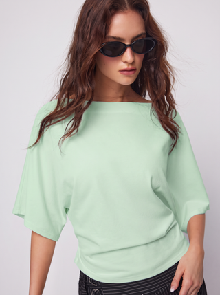 Cotton-blend Boat Neck Batwing Sleeve Drawstring Tee
