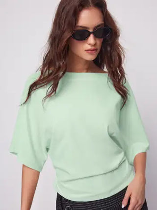 Cotton-blend Boat Neck Batwing Sleeve Drawstring Tee