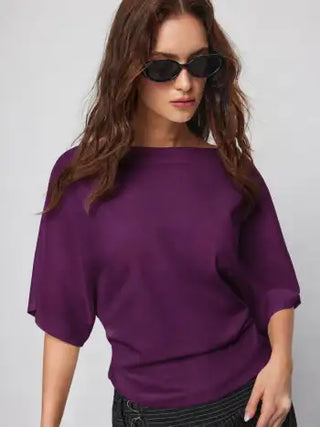 Cotton-blend Boat Neck Batwing Sleeve Drawstring Tee