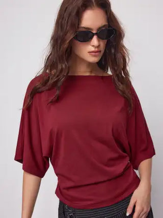 Cotton-blend Boat Neck Batwing Sleeve Drawstring Tee