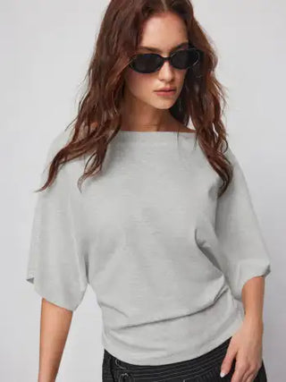Cotton-blend Boat Neck Batwing Sleeve Drawstring Tee