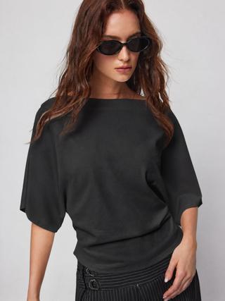 Cotton-blend Boat Neck Batwing Sleeve Drawstring Tee
