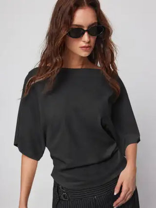 Cotton-blend Boat Neck Batwing Sleeve Drawstring Tee