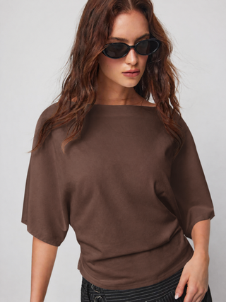Cotton-blend Boat Neck Batwing Sleeve Drawstring Tee