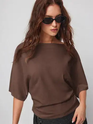 Cotton-blend Boat Neck Batwing Sleeve Drawstring Tee