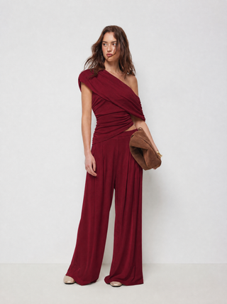 Asymmetrical Neck Ruched Top & Mid Rise Wide Leg Trousers Set