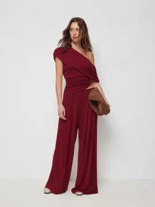 Asymmetrical Neck Ruched Top & Mid Rise Wide Leg Trousers Set