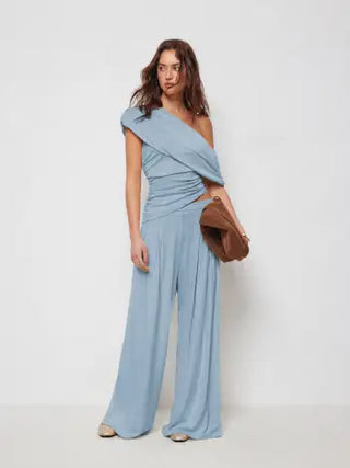 Asymmetrical Neck Ruched Top & Mid Rise Wide Leg Trousers Set