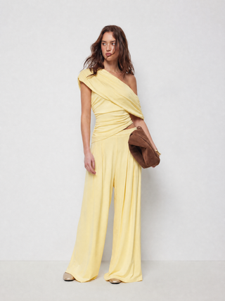 Asymmetrical Neck Ruched Top & Mid Rise Wide Leg Trousers Set