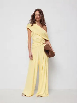 Asymmetrical Neck Ruched Top & Mid Rise Wide Leg Trousers Set