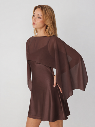 Sheer Boat Neck Cape Top & Satin High Rise Mini Dress Set