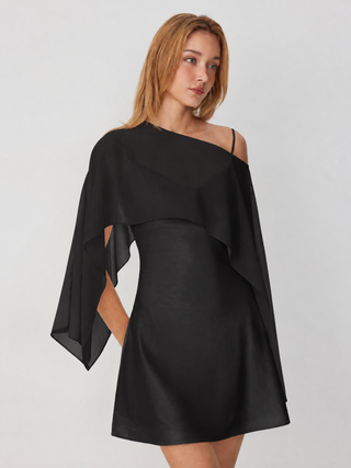 Sheer Boat Neck Cape Top & Satin High Rise Mini Dress Set