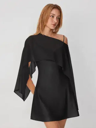 Sheer Boat Neck Cape Top & Satin High Rise Mini Dress Set
