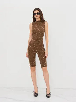 Cotton-blend High Neck Polka Dot Asymmetrical Hem Top & Mid Rise Capri Pants Set