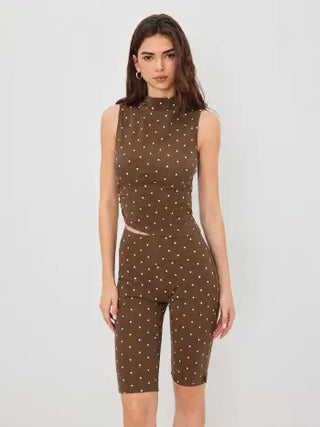 Cotton-blend High Neck Polka Dot Asymmetrical Hem Top & Mid Rise Capri Pants Set