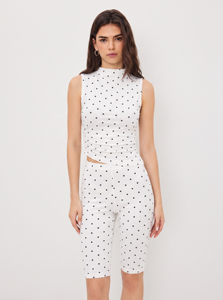 Cotton-blend High Neck Polka Dot Asymmetrical Hem Top & Mid Rise Capri Pants Set