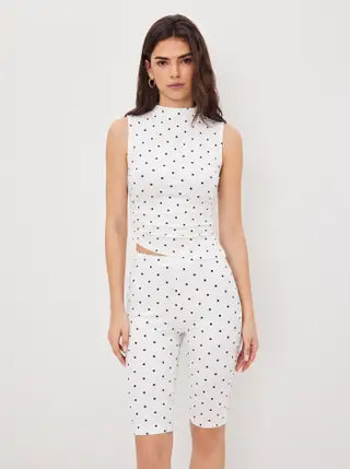 Cotton-blend High Neck Polka Dot Asymmetrical Hem Top & Mid Rise Capri Pants Set