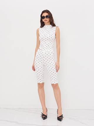 Cotton-blend High Neck Polka Dot Asymmetrical Hem Top & Mid Rise Capri Pants Set