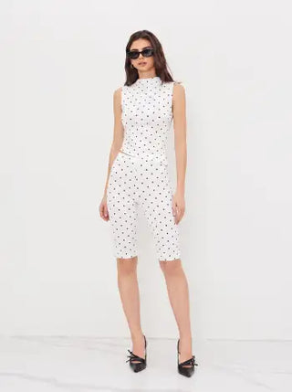 Cotton-blend High Neck Polka Dot Asymmetrical Hem Top & Mid Rise Capri Pants Set