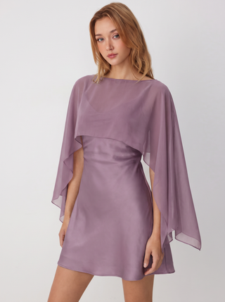 Sheer Boat Neck Cape Top & Satin High Rise Mini Dress Set
