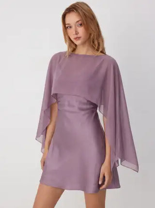 Sheer Boat Neck Cape Top & Satin High Rise Mini Dress Set