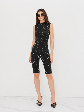 Cotton-blend High Neck Polka Dot Asymmetrical Hem Top & Mid Rise Capri Pants Set