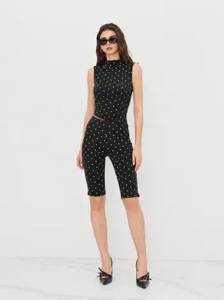Cotton-blend High Neck Polka Dot Asymmetrical Hem Top & Mid Rise Capri Pants Set