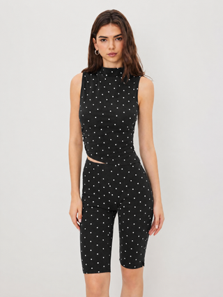 Cotton-blend High Neck Polka Dot Asymmetrical Hem Top & Mid Rise Capri Pants Set