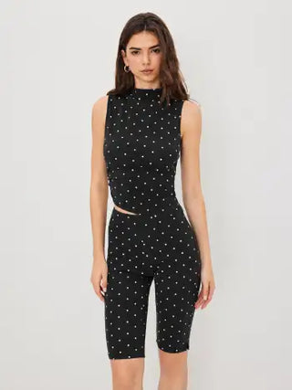 Cotton-blend High Neck Polka Dot Asymmetrical Hem Top & Mid Rise Capri Pants Set