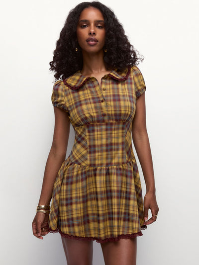 Plaid Peter Pan Collar Puff Sleeve Lace Trim Low Rise Mini Dress